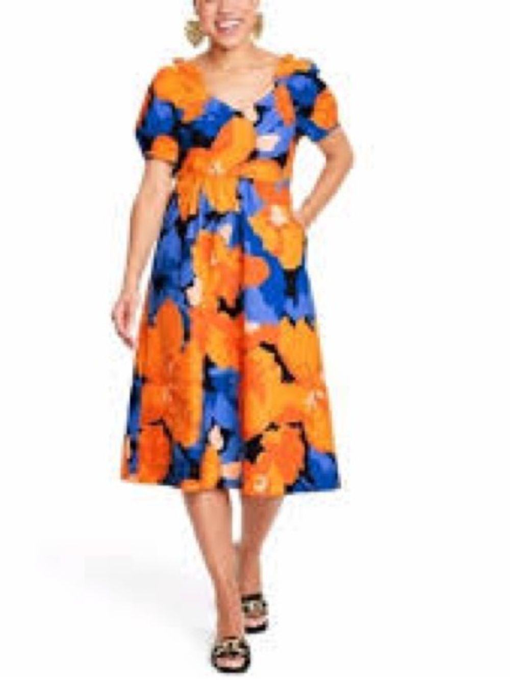 Tabitha Brown X Target Bold Orange & Blue Floral Tie-Front Midi Dress S